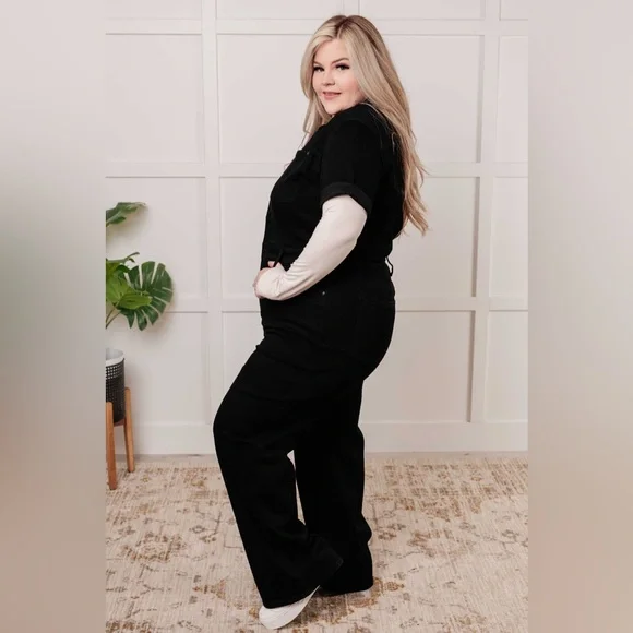 NWT Judy Blue Short Sleeve Straight Tummy Control Black Denim Jumpsuit